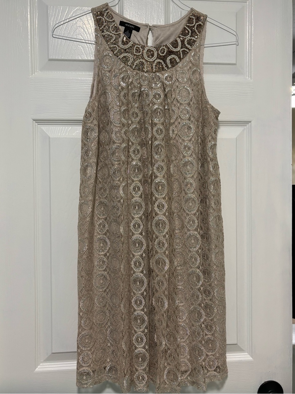 Alfani Lace Sleeveless Cocktail Dress with Beaded Collar in Gold/Beige Small